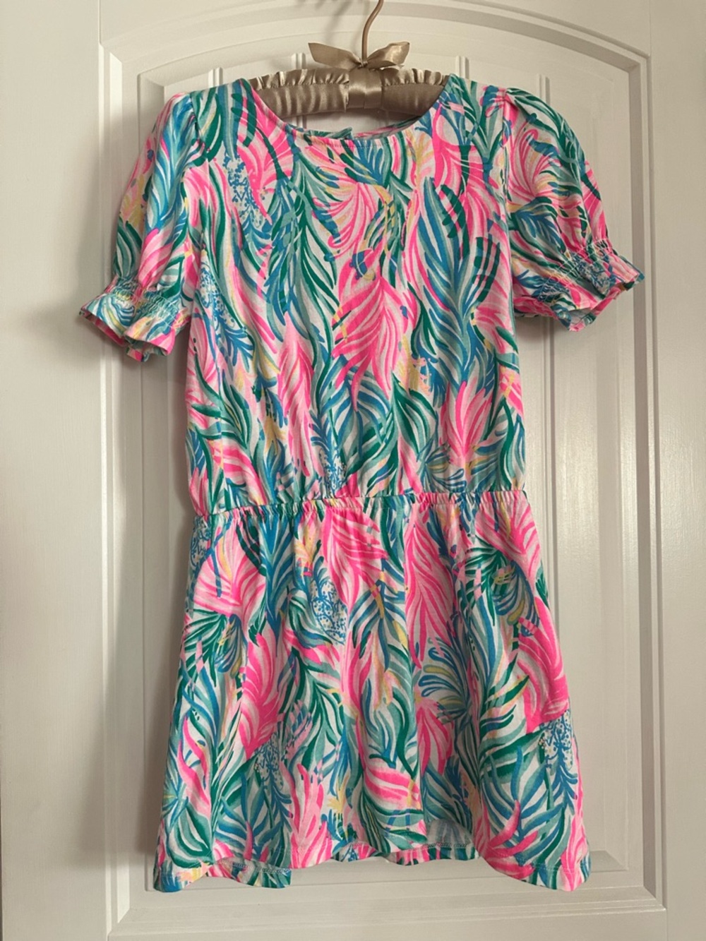 Lilly Pulitzer Girls-Tropical Leaf Print Romper— Pink & Teal XL 12/14